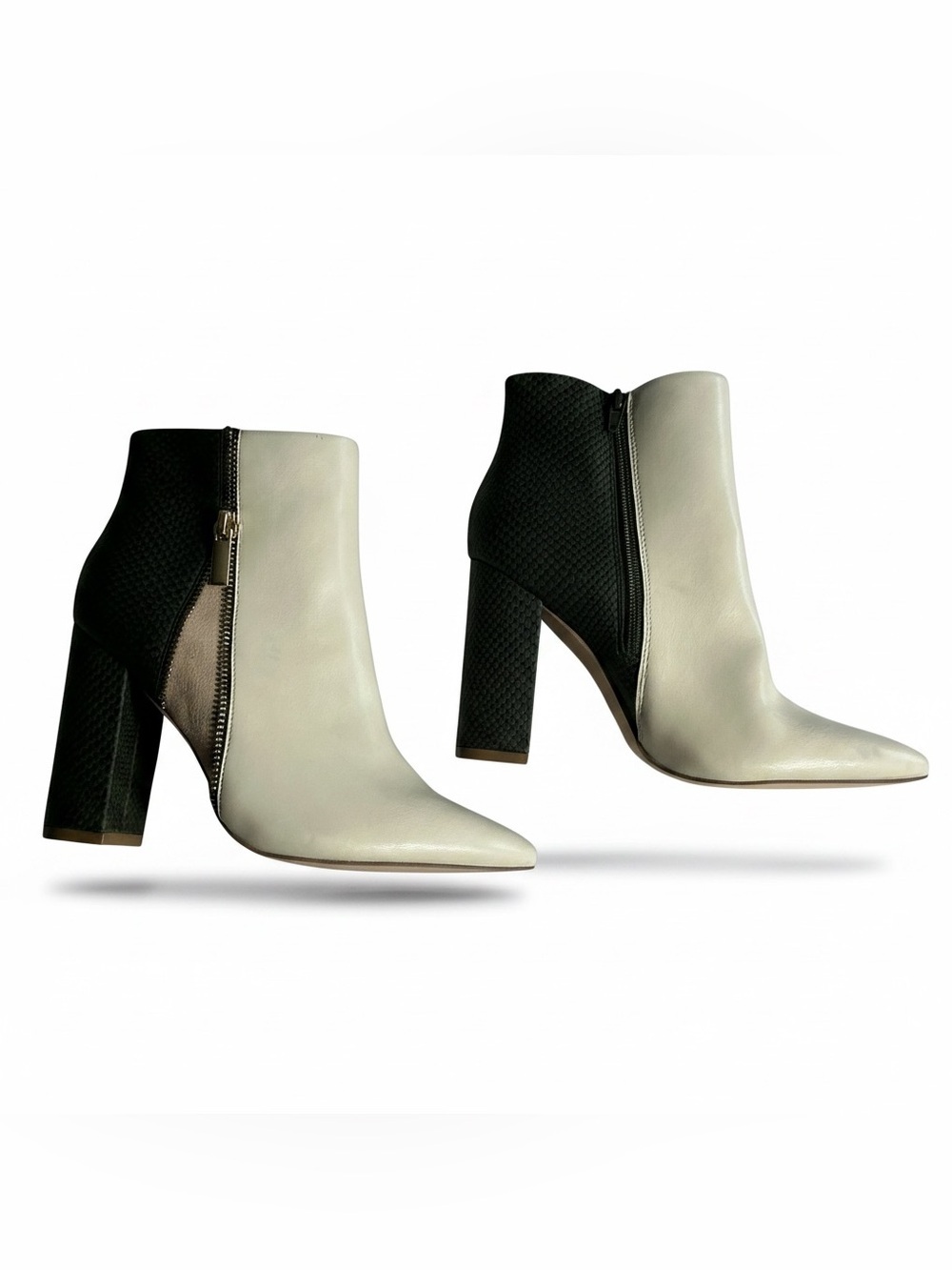 JustFab Rosamund Patchwork Ankle Booties Cream Green Snake Pointed Toe 7.5